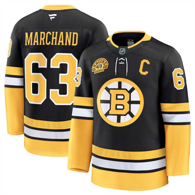 Mens Boston Bruins #63 Brad Marchand Black 100th Anniversary With C Patch Stitched Hockey Jersey Dzhi